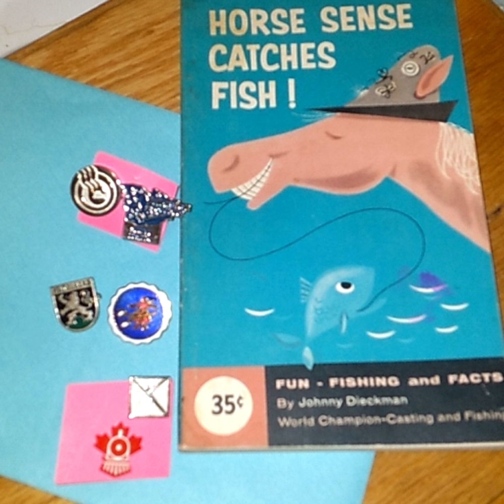 Fun Lot- 6 Vintage Lapel Pins &    A "1957 Fun,Fishing and Facts Book".